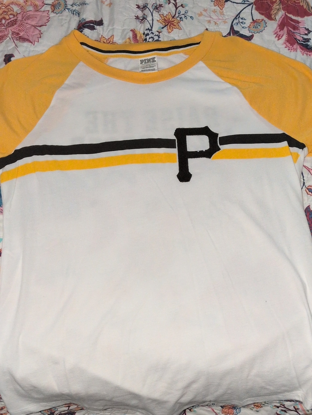 PINK Victoria's Secret White Tee with Yellow and Black Trim